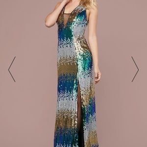 Bebe Colorful Sequin Plunge Gown Sz 8 NWT